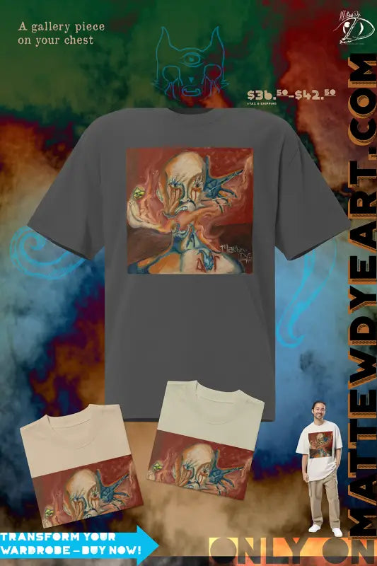 Gray t-shirt featuring an abstract oil painting design by Matthew Dye in orange and blue