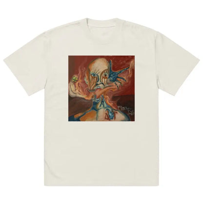 Cream-colored t-shirt with Matthew Dye’s abstract oil painting graphic in blue and orange