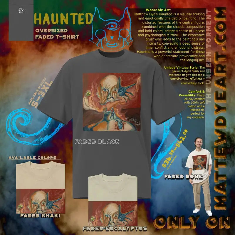 Faded t-shirt design featuring a haunted ghost by Matthew Dye in orange and blue tones