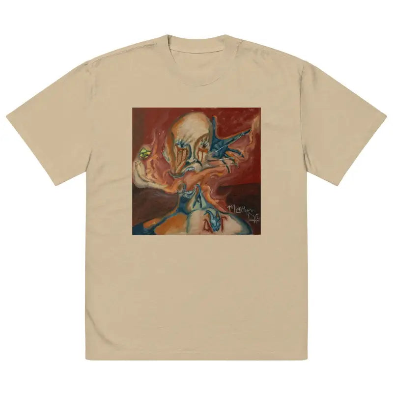 Beige Haunted Oversized Tee features Matthew Dye’s oil painting graffiti-style graphic