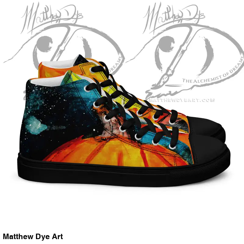 High-top sneaker with striking jack-o’-lantern design for Halloween in vibrant colors