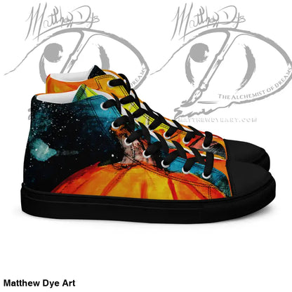 High-top sneaker with striking jack-o’-lantern design for Halloween in vibrant colors