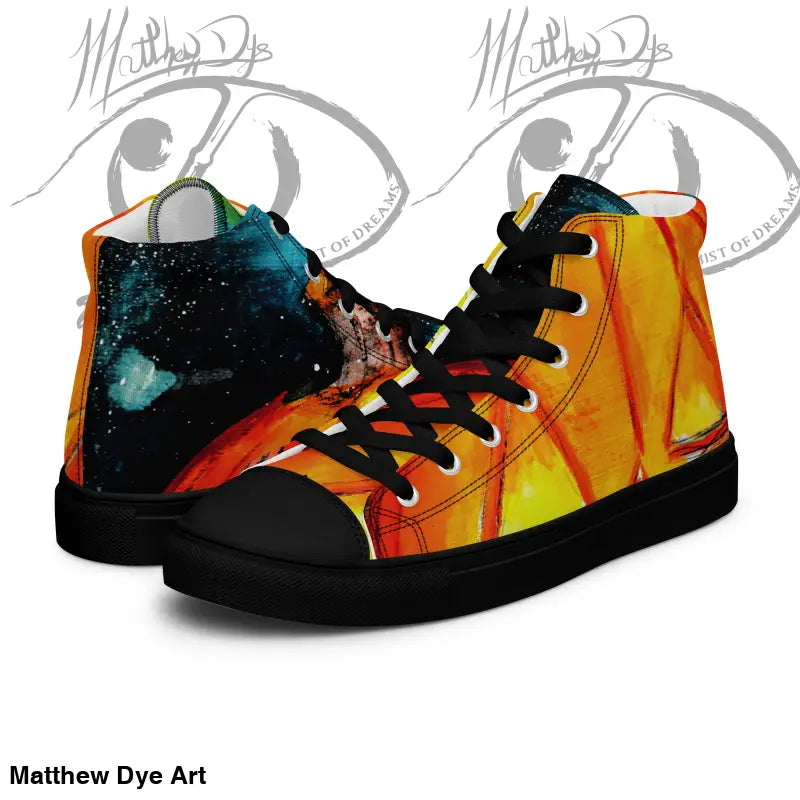 Men’s High Top Canvas Sneakers featuring a striking jack-o’-lantern design and cosmic flames