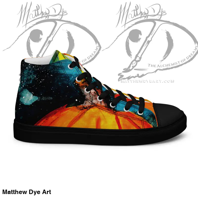 High-top sneakers with a striking jack-o’-lantern design, perfect for Halloween fashion