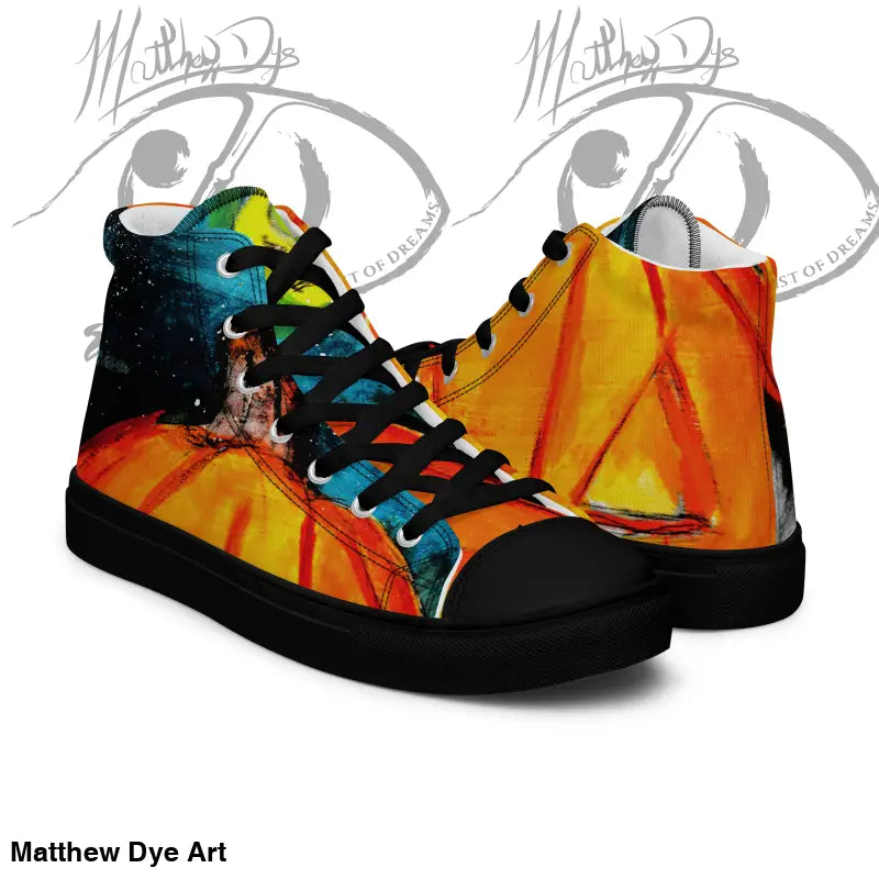 High-top canvas sneakers for men featuring a striking jack-o’-lantern design in cosmic colors
