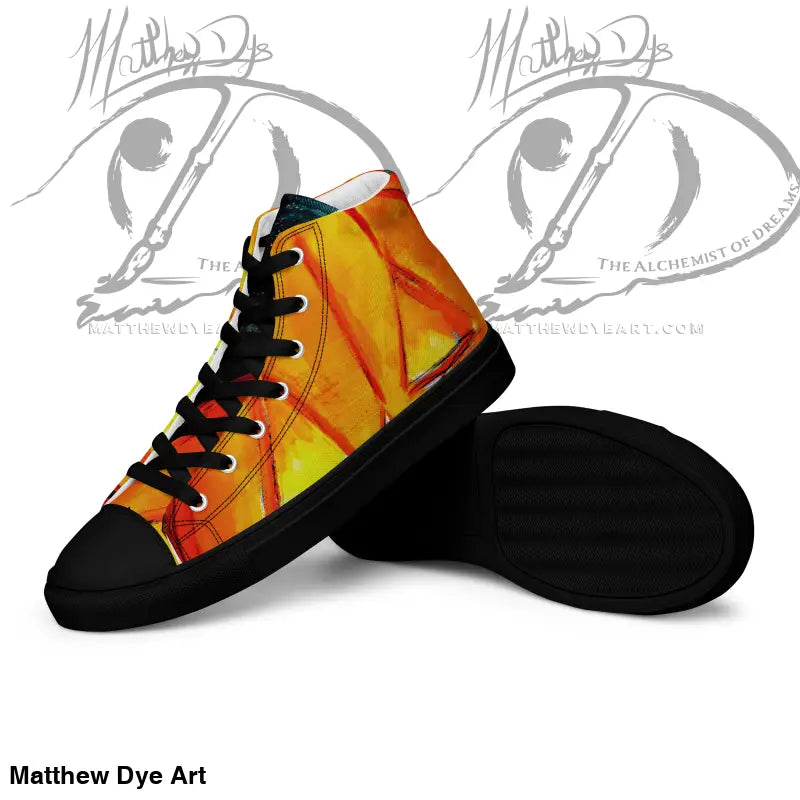 Men’s high top canvas sneakers featuring a striking jack-o’-lantern design in flames