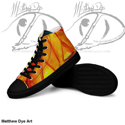 Men’s high top canvas sneakers featuring a striking jack-o’-lantern design in flames