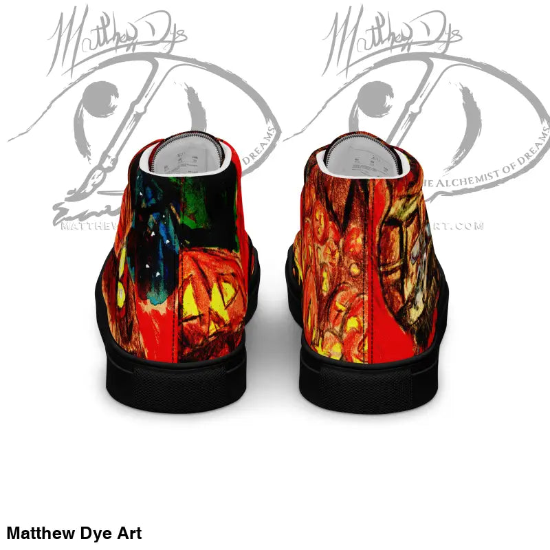 High-top canvas shoes featuring fiery designs for Trick R Treat and avid Halloween enthusiasts