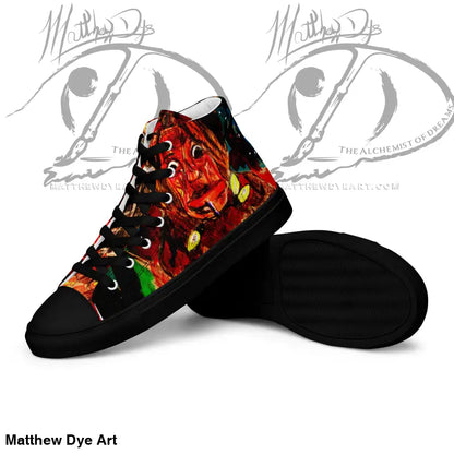 High-top canvas shoes featuring a fiery red and black flame design for Trick R Treat fans