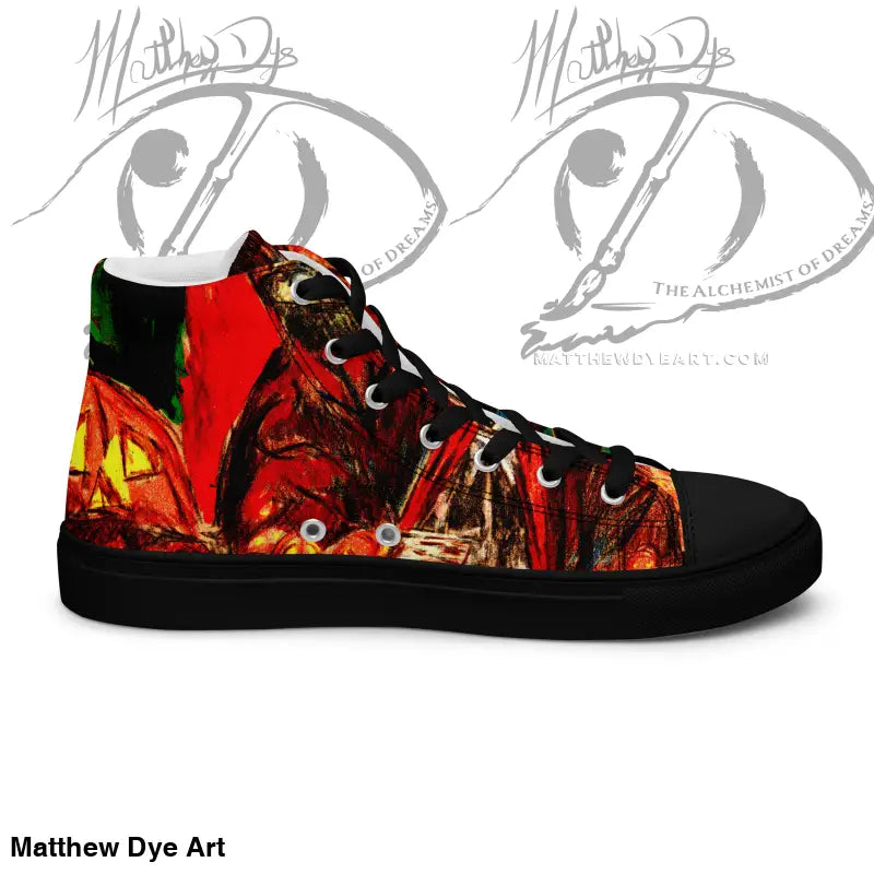 High-top canvas shoes featuring a fiery red and black graphic design for Trick R Treat