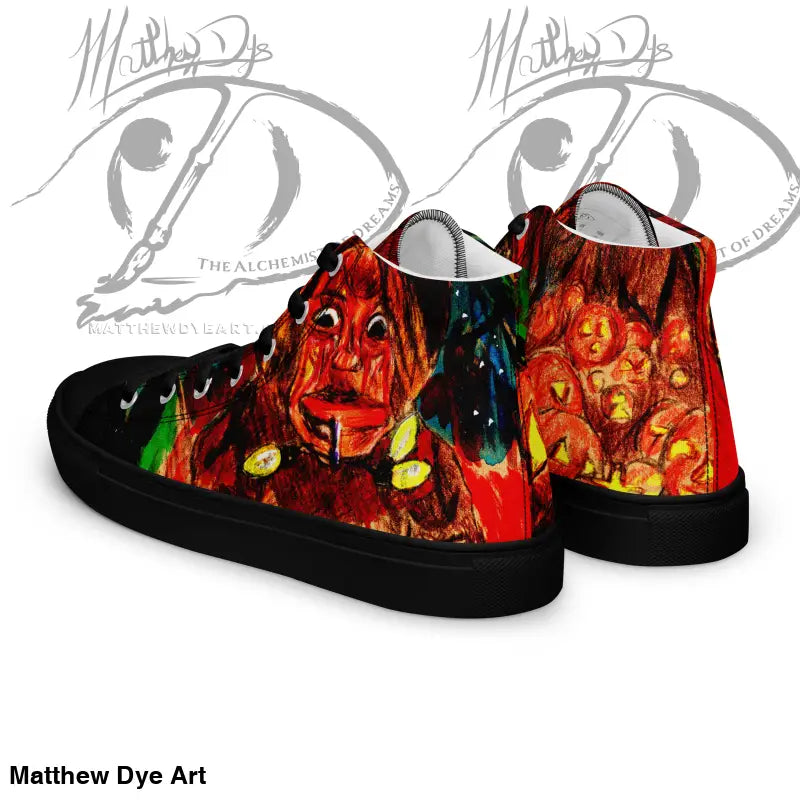 High-top canvas shoes with fiery red and orange Halloween design for Trick R Treat fans