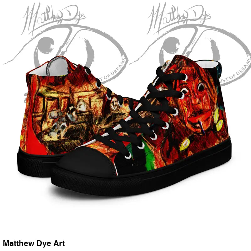 High-top canvas shoes in fiery embrace with vibrant red and orange artwork for Trick R Treat