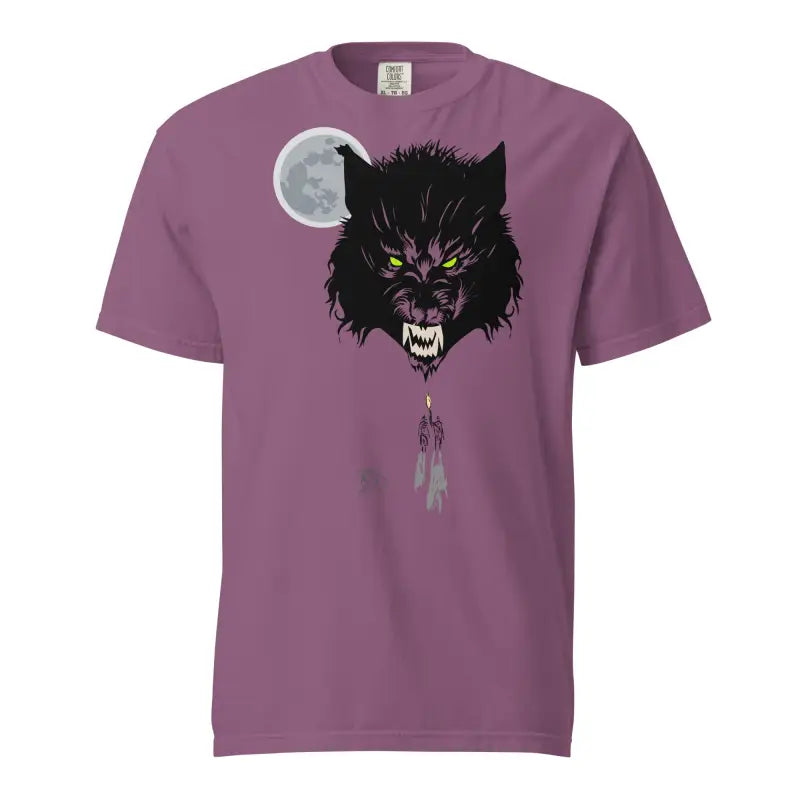 Purple unisex garment-dyed heavyweight t-shirt featuring a glowing wolf head and full moon design