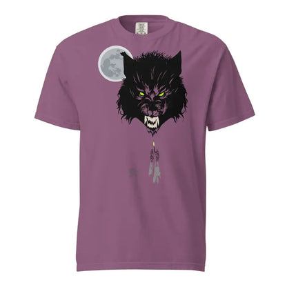 Purple unisex garment-dyed heavyweight t-shirt featuring a glowing wolf head and full moon design