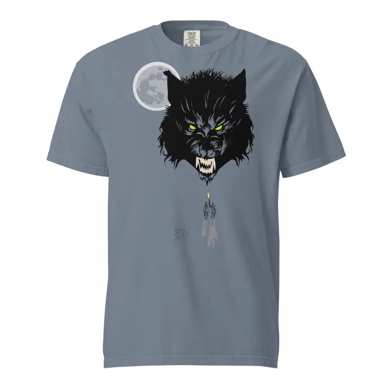 Grey unisex garment-dyed heavyweight t-shirt featuring a fierce black wolf and full moon design