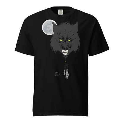 Black unisex garment-dyed heavyweight t-shirt with fierce wolf design and glowing eyes