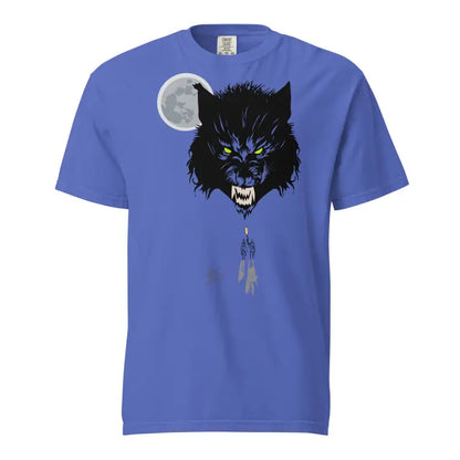 Blue unisex garment-dyed heavyweight t-shirt featuring fierce wolf head and full moon design