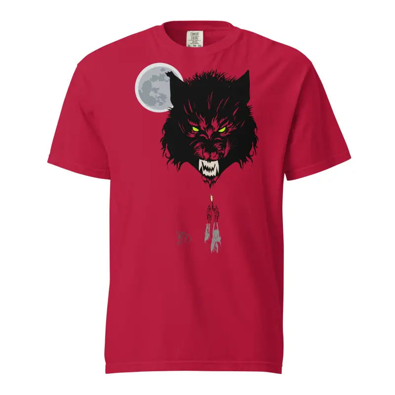 Red structured tee featuring a fierce wolf head design with glowing eyes in ring-spun cotton