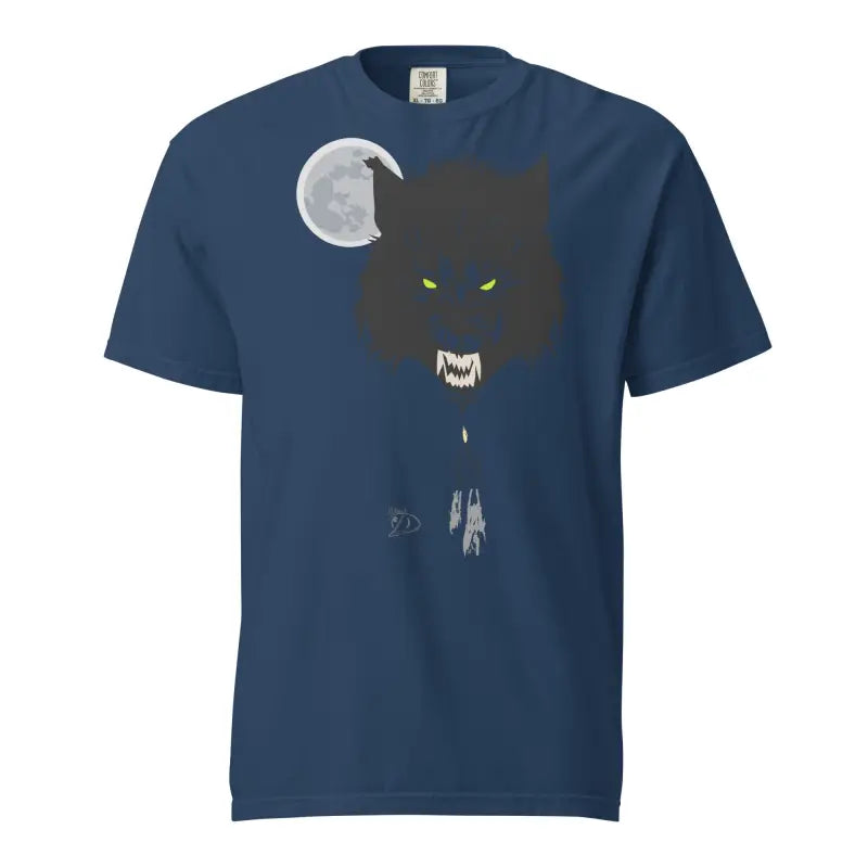 Navy blue unisex garment-dyed heavyweight t-shirt with wolf silhouette and glowing green eyes