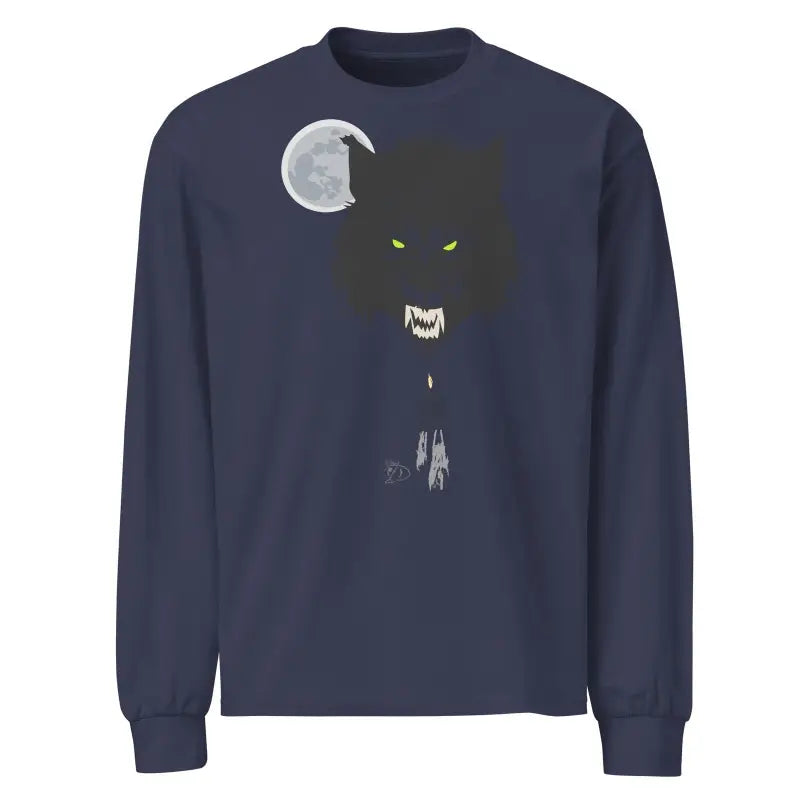 Navy blue Midnight Werewolf lunar shadow long sleeve with wolf silhouette and moon design