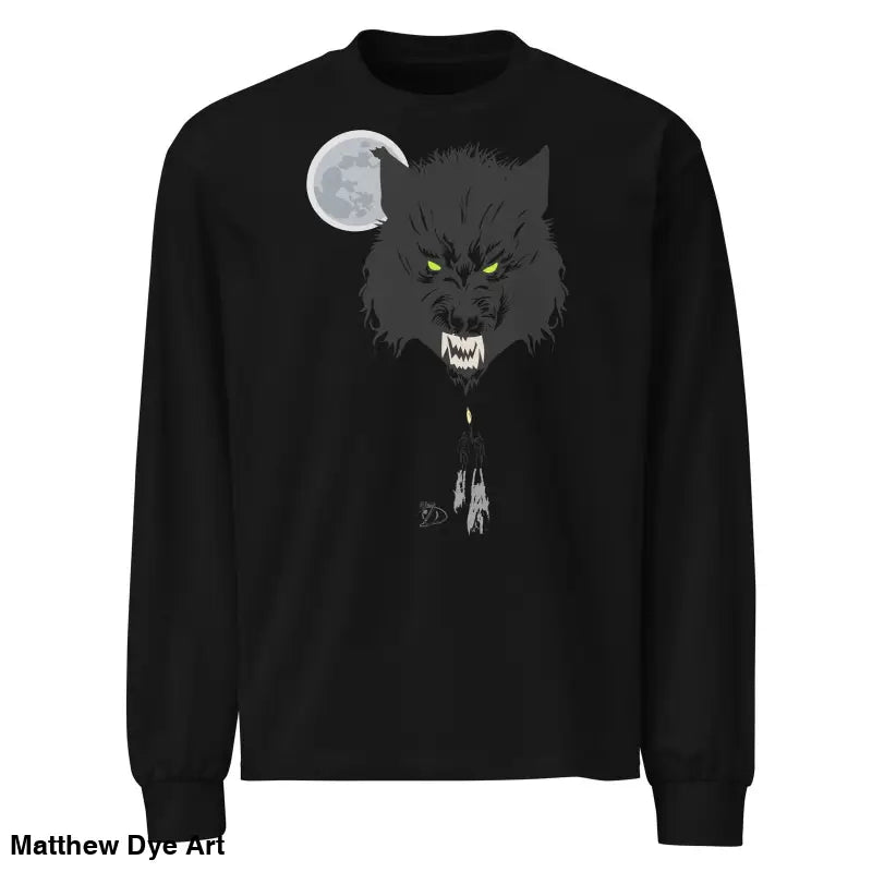 Black lunar shadow long sleeve featuring menacing werewolf design with glowing eyes