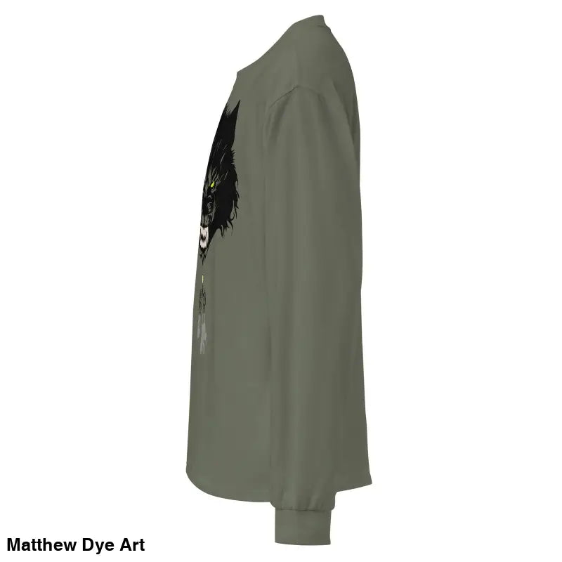 Olive green lunar shadow long sleeve sweatshirt with black graphic design on the side