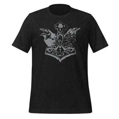 Black T-shirt with Norse Thor’s Hammer and ravens design, embodying Asatru spirit