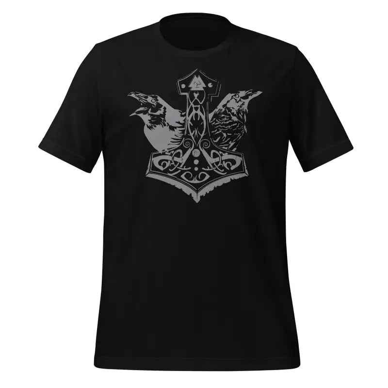 Black T-shirt featuring Norse Thor’s Hammer design with ravens and intricate knotwork patterns