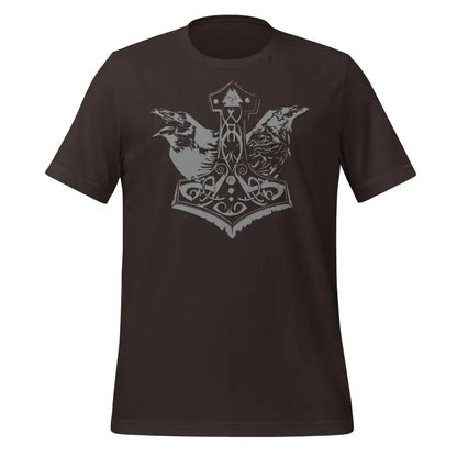 Black Norse t-shirt with Thor’s hammer and grey ravens for Asatru enthusiasts