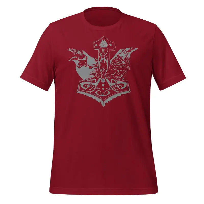 Red T-shirt with Norse Thor’s Hammer design and ravens, embodying Asatru spirit