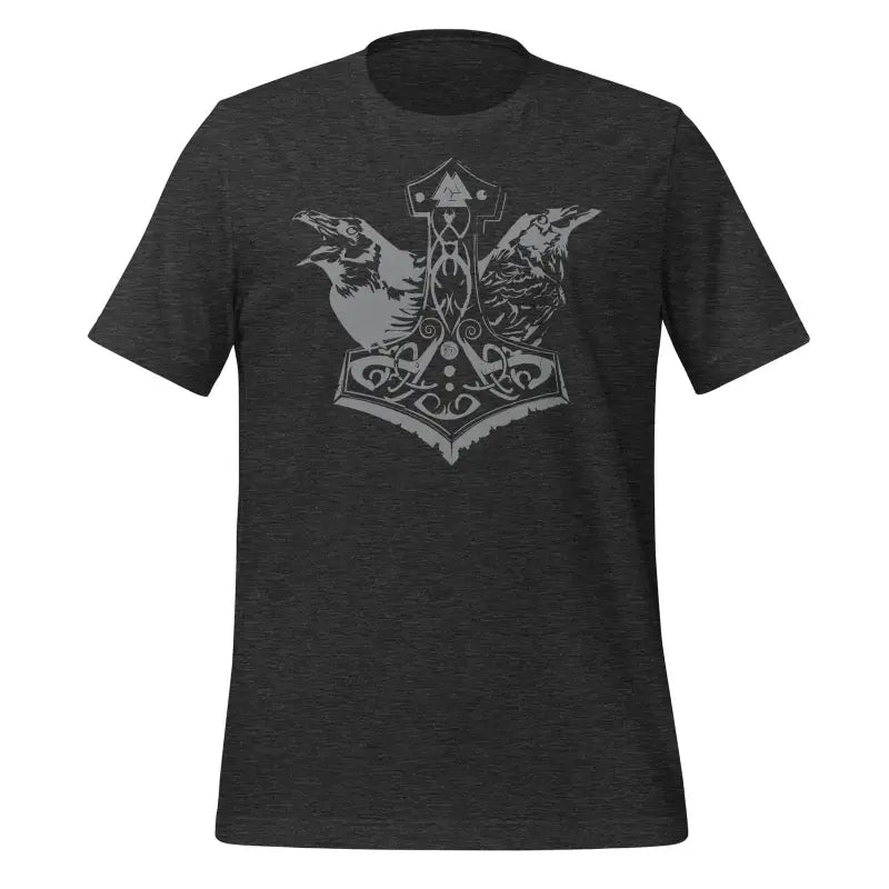 Black Norse t-shirt with gray Thor’s hammer and ravens design, ideal for Asatru enthusiasts