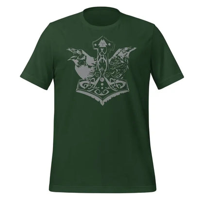 Dark green Norse t-shirt with Thor’s Hammer, ravens, and Celtic knotwork design