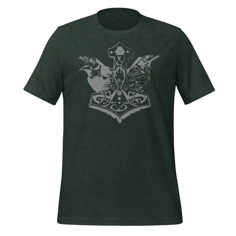 Dark green Norse t-shirt featuring ravens and Thor’s hammer design for Asatru fans