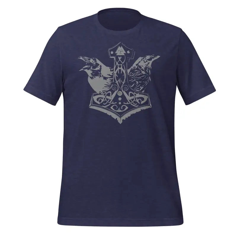 Navy blue Norse t-shirt with grey Thor’s hammer and ravens design for Asatru spirit