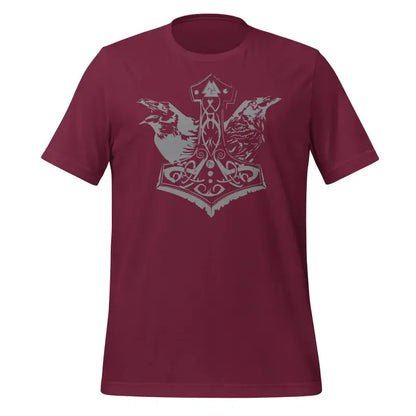 Burgundy Norse-themed T-shirt with grey Thor’s hammer and ravens design for Asatru fans