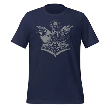 Navy blue t-shirt with grey Norse Thor’s hammer design and ravens for Asatru enthusiasts