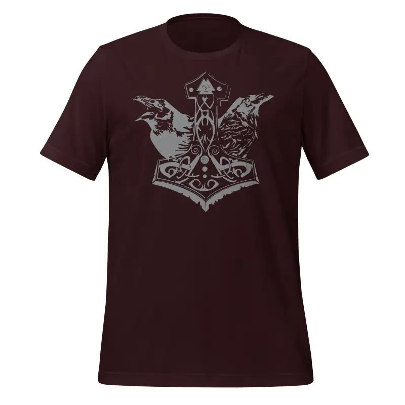 Burgundy Norse t-shirt with silver ravens and Thor’s hammer design for Asatru enthusiasts