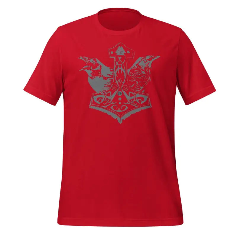 Red Norse-style t-shirt featuring Thor’s Hammer, ravens, and Asatru knotwork design