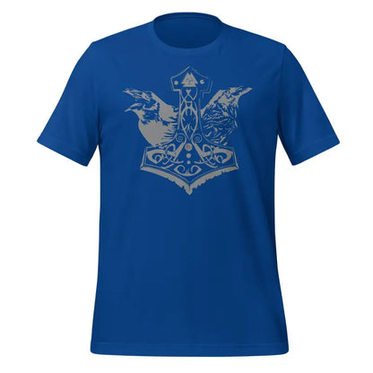 Royal blue Norse t-shirt with grey Thor’s hammer and ravens design for Asatru spirit