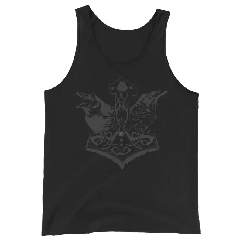 Black tank top featuring a bold black illustration of Mjölnir from Norse mythology