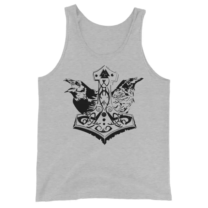 Grey tank top featuring bold black illustration of Mjölnir and ravens in Norse mythology