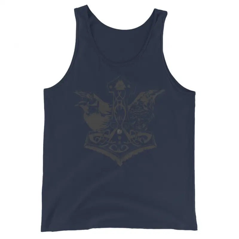 Navy blue sleeveless tank top featuring a bold black illustration of Norse mythology