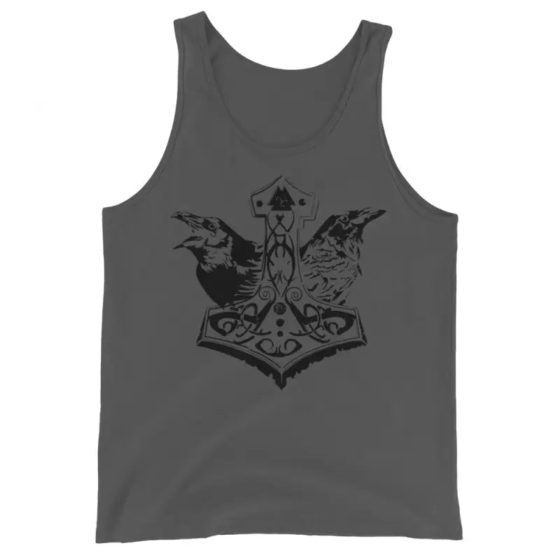 Grey tank top featuring bold black illustration of Norse mythology with Thor’s hammer and ravens