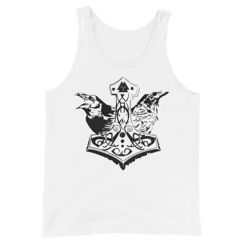 White tank top featuring a bold black illustration of Mjölnir and ravens in Norse mythology