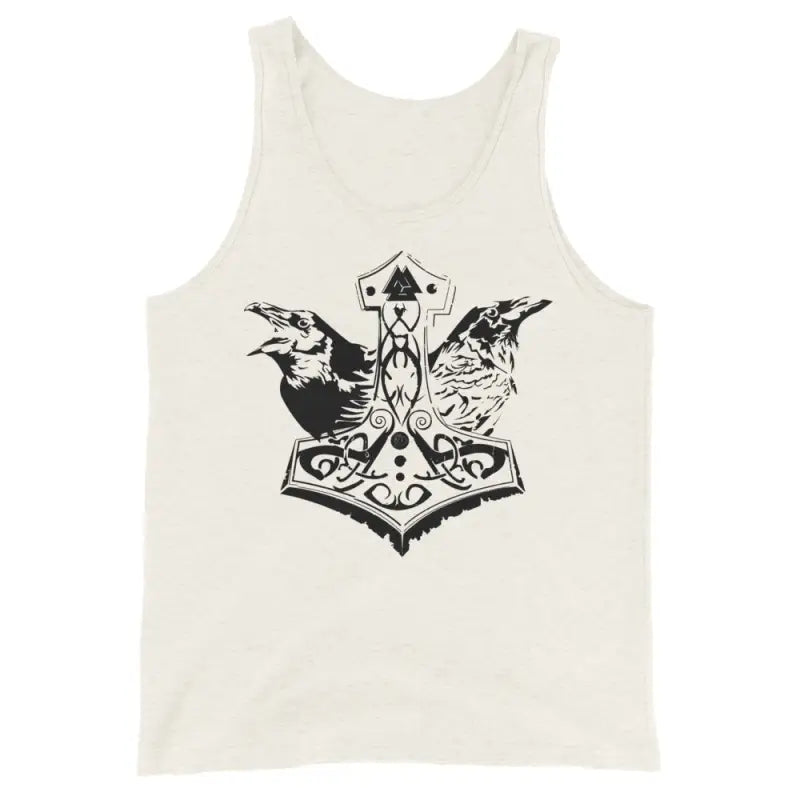 White tank top featuring a bold black illustration of Norse mythology with Thor’s hammer design