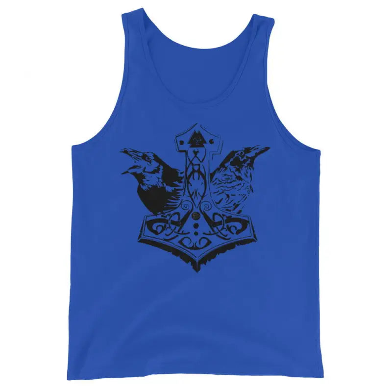 Royal blue tank top featuring bold black illustration of Thor’s hammer in Norse mythology