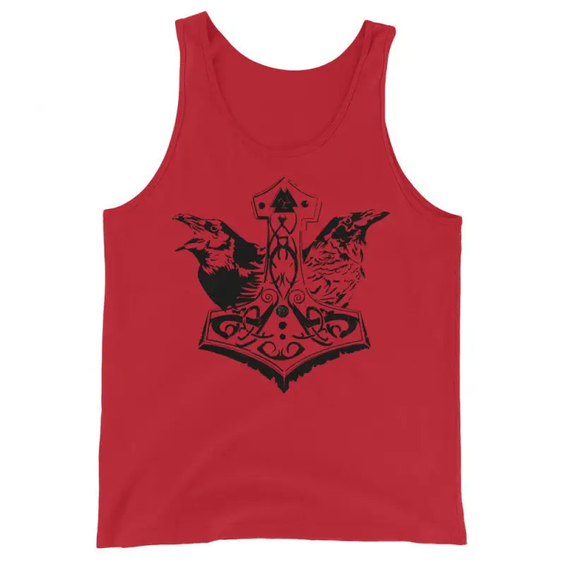 Red tank top featuring bold black illustration of Norse mythology with ravens and Thor’s hammer