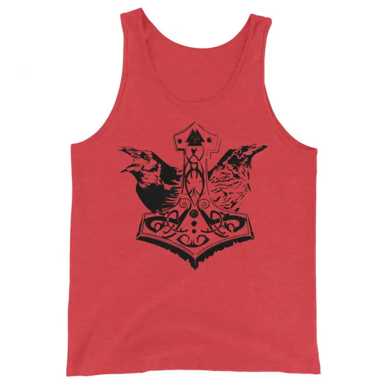 Red tank top featuring bold black illustration of Thor’s hammer and ravens in Norse mythology