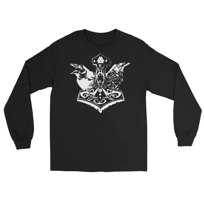 Black long-sleeve tee featuring Mjölnir & Ravens design inspired by ancient Norse lore