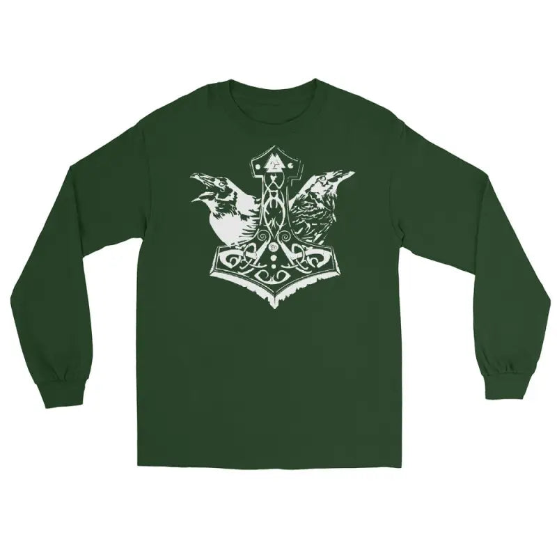 Dark green long sleeve tee featuring Norse-style Thor’s hammer and ravens design on back